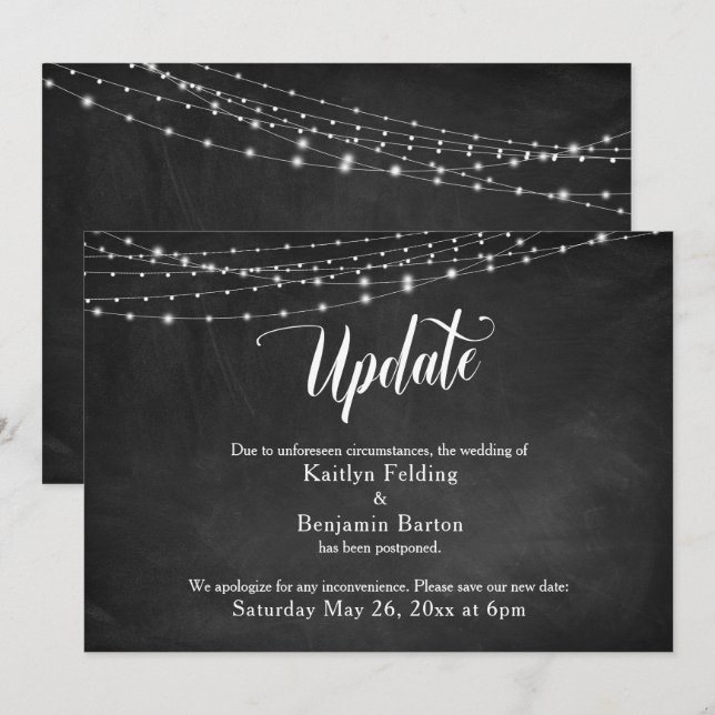 Chalkboard & Lights Verspätete Hochzeitsankündigun Einladung (Vorne/Hinten)