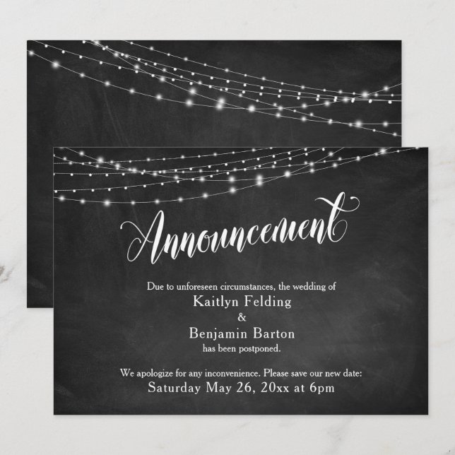 Chalkboard & Lights Verspätete Hochzeitsankündigun Einladung (Vorne/Hinten)