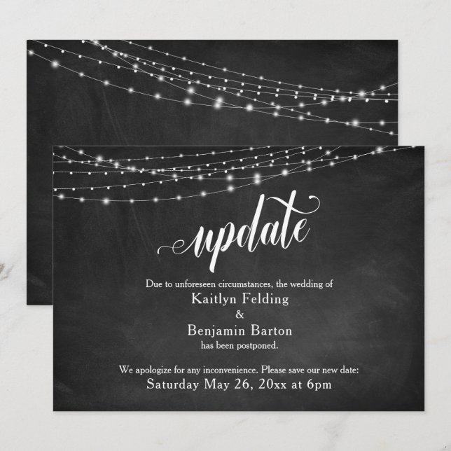 Chalkboard & Lights Verspätete Hochzeitsankündigun Einladung (Vorne/Hinten)