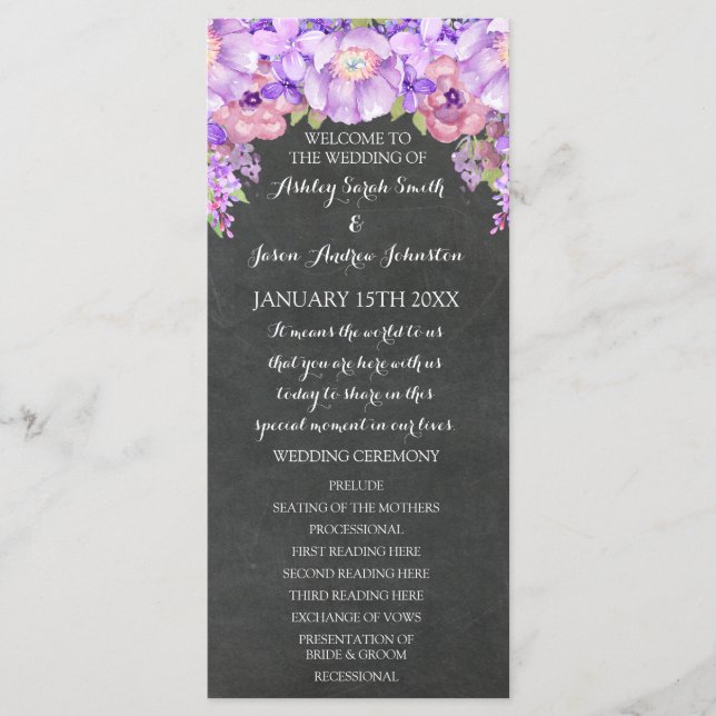Chalkboard Lila Lavendel Floral Wedding Programm (Vorderseite)