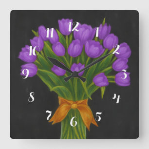 Chalkboard Lila Tulips Quadratische Wanduhr