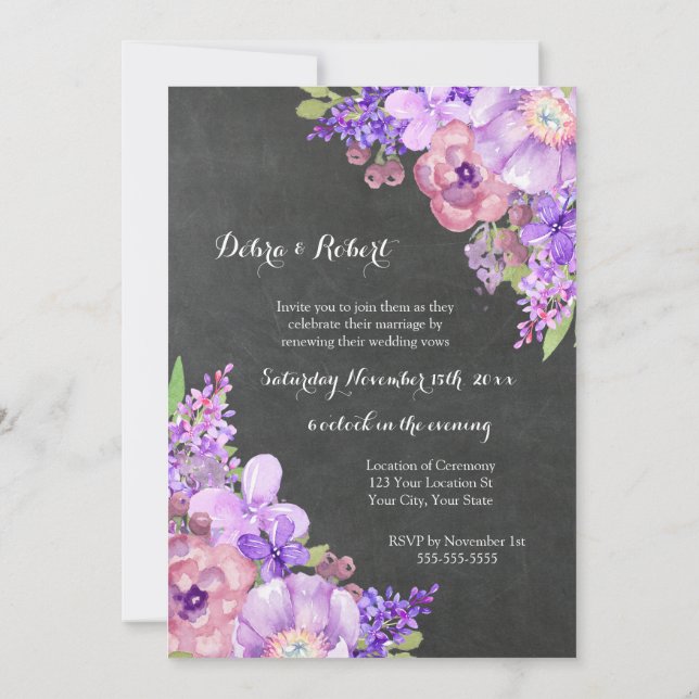 Chalkboard Lilac Purple Flowers Vow Renewal Einladung (Rückseite)