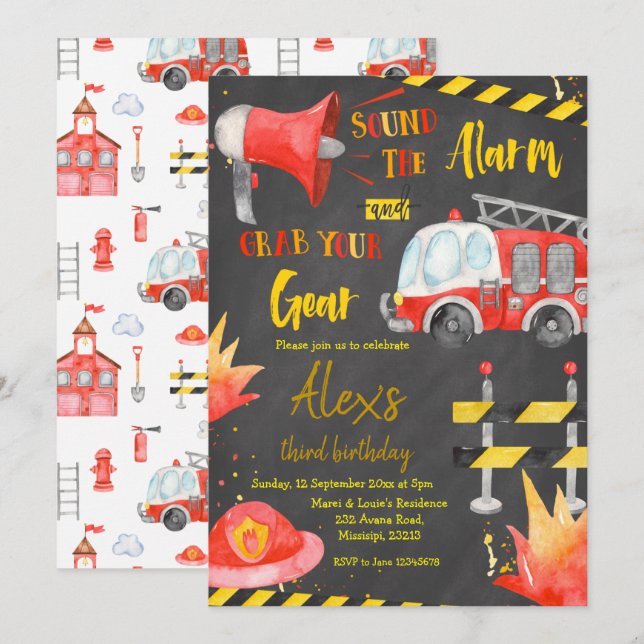 Chalkboard Little Firefighter Boy Geburtstag Einladung (Vorne/Hinten)