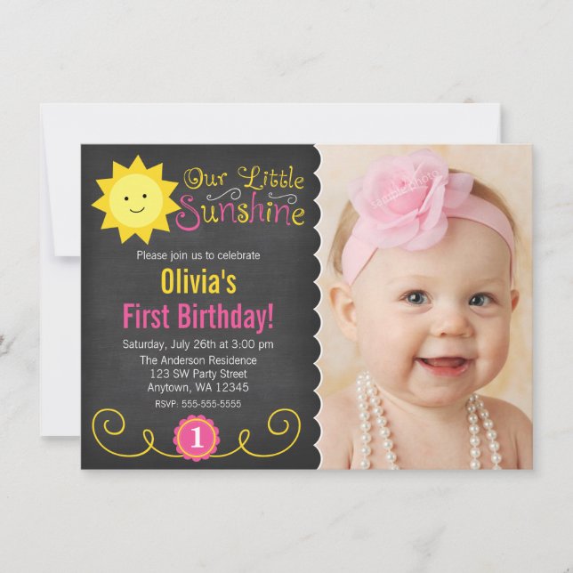 Chalkboard Little Sunshine Pink Yellow Birthday Einladung (Vorderseite)