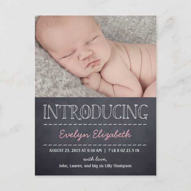 Chalkboard Look Birth Announcement - Pink Ankündigungspostkarte (Vorderseite)