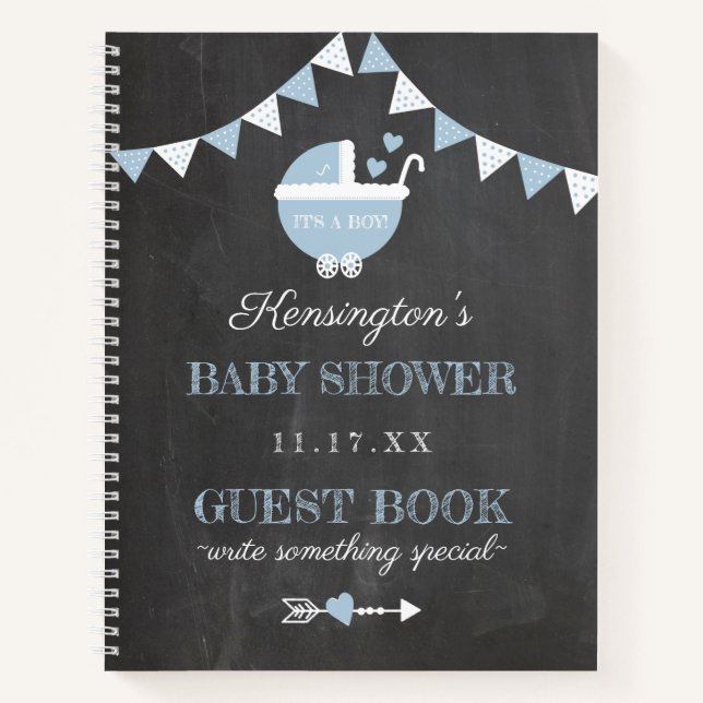 Chalkboard Look Blue Boys Baby Shooting Guest Book Notizbuch (Vorderseite)