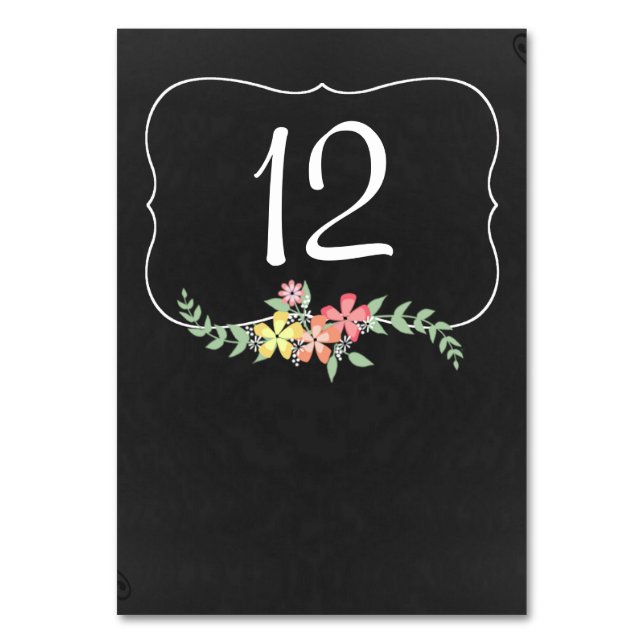 Chalkboard Look Floral Wedding Tischnummer Card (Vorderseite)