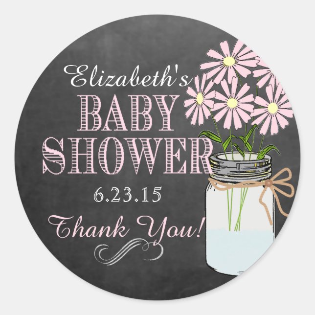 Chalkboard Look Mason Jar Pink Blume Kinderdusche Runder Aufkleber (Vorderseite)