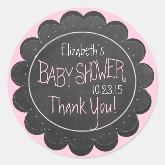 Chalkboard Look Whimsical Pink Baby Dusche Gefalle Runder Aufkleber (Vorderseite)