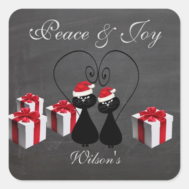 Chalkboard lustiges Santa Cat Paar personalisiert Quadratischer Aufkleber (Vorderseite)