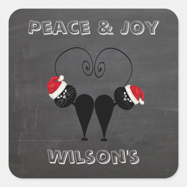 Chalkboard lustiges Santa Cat Paar personalisiert Quadratischer Aufkleber (Vorderseite)