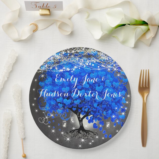 Chalkboard Mason Jar Blue Heart Leaf Firefly Pappteller (Hochzeit)