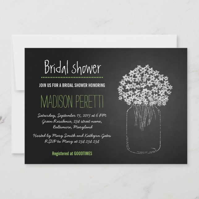 Chalkboard Mason Jar Blume Brautparty Einladung (Vorderseite)