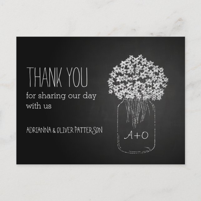 Chalkboard Mason Jar Blume Hochzeit Vielen Dank Postkarte (Vorderseite)