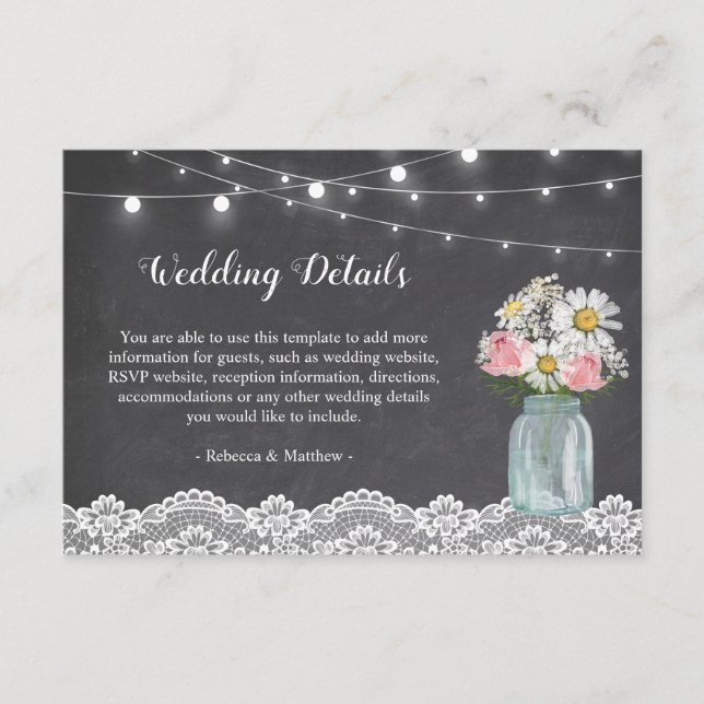 Chalkboard Mason Jar Floral Hochzeitsempfang Begleitkarte (Vorderseite)