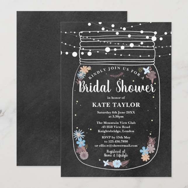 Chalkboard Mason Jar String Lights Brautparty Einladung (Vorne/Hinten)
