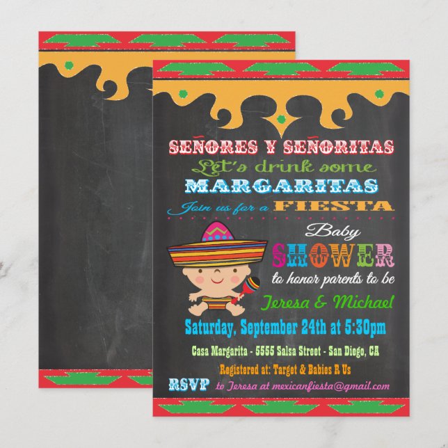 Chalkboard Mexicaine Fiesta Baby Douche invitation (Devant / Derrière)