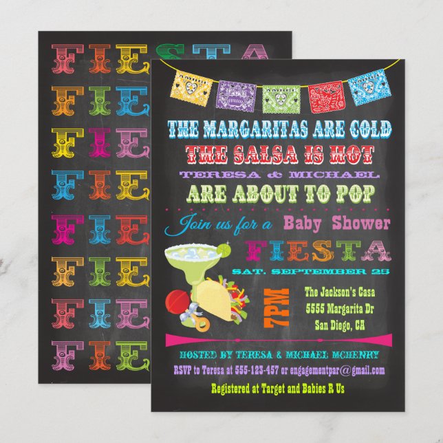 Chalkboard Mexican Fiesta Adoption Babydusche Einladung (Vorne/Hinten)