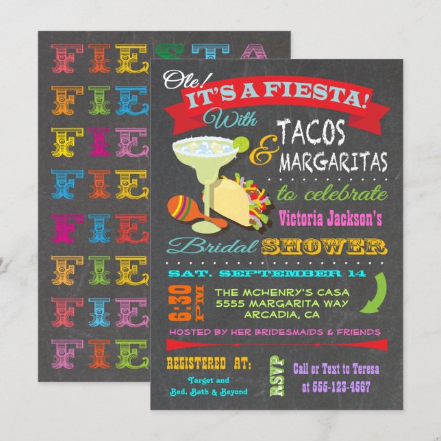 Chalkboard Mexican Fiesta Brautparty Einladung (Vorne/Hinten)