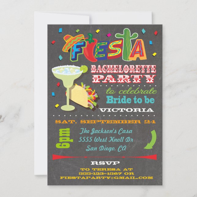 Chalkboard Mexican Fiesta Junggeselinnen-Abschied Einladung (Vorderseite)