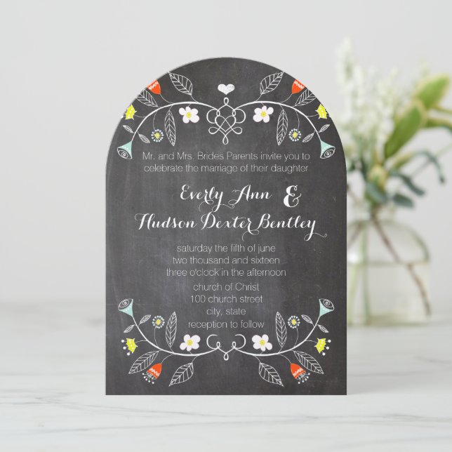 Chalkboard Mint Orange Blumengarten Hochzeit Einladung (Stehend Vorderseite)