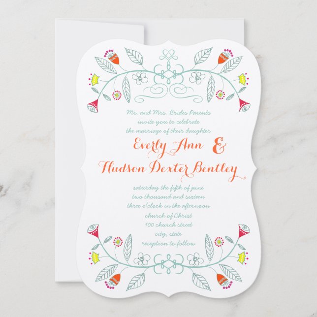 Chalkboard Mint Orange Red Floral Garland Hochzeit Einladung (Vorderseite)