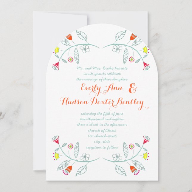 Chalkboard Mint Orange Red Floral Garland Hochzeit Einladung (Vorderseite)