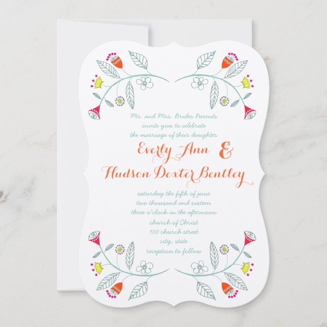 Chalkboard Mint Orange Red Floral Garland Hochzeit Einladung (Vorderseite)