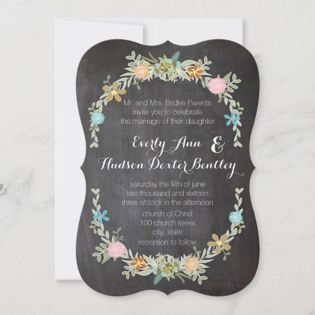 Chalkboard Mint Pink Aqua Blumengarten Hochzeit Einladung (Vorderseite)