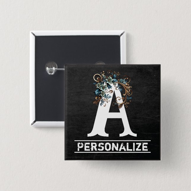 Chalkboard Monogram Letter with Blue Floral Button (Vorne & Hinten)