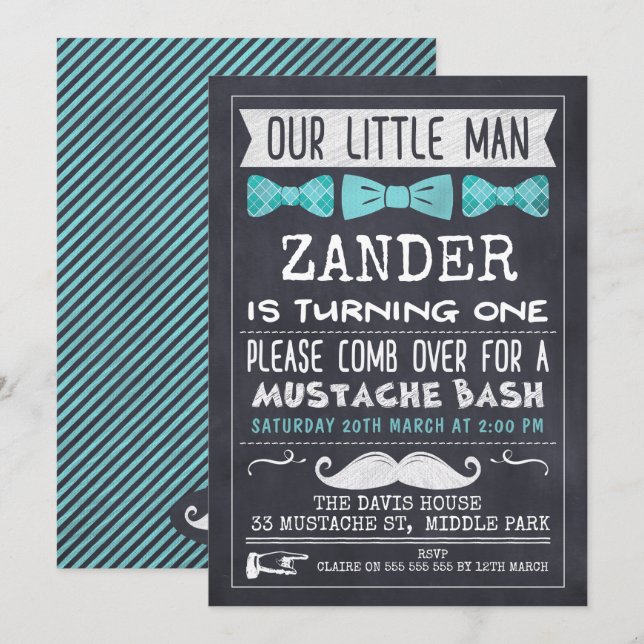 Chalkboard Mustache 1er Anniversaire Invitation (Devant / Derrière)