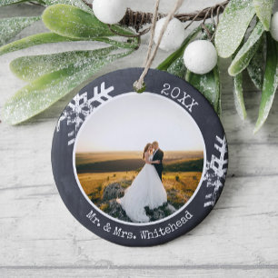 Chalkboard Neu verheiratete Schneeflocke 1. Weihna Keramik Ornament