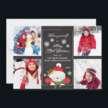 Chalkboard Niedlich Snowman 4 Foto Grußkarte Feiertagskarte<br><div class="desc">Beliebte und trendige Weihnachts-Foto-Grußkarte für vier familiäre Fotos mit einem niedlichen Schneemann mit rotem Hut und roten Fingern umgeben von verstreuten Schneeflocken Set auf einem stilvollen,  schicken & trendigen schwarzen Tafelchalkboard.  Niedliche Weihnachtskarte,  um Ihre schöne Familie zu zeigen,  dass Ihre Kinder Liebe!</div>