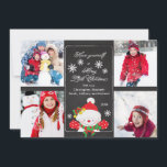 Chalkboard Niedlich Snowman 4 Foto Grußkarte Feiertagskarte<br><div class="desc">Beliebte und trendige Weihnachts-Foto-Grußkarte für vier familiäre Fotos mit einem niedlichen Schneemann mit rotem Hut und roten Fingern umgeben von verstreuten Schneeflocken Set auf einem stilvollen,  schicken & trendigen schwarzen Tafelchalkboard.  Niedliche Weihnachtskarte,  um Ihre schöne Familie zu zeigen,  dass Ihre Kinder Liebe!</div>