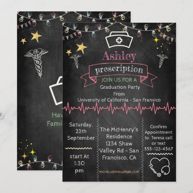 Chalkboard Nurse Abschluss Einladung (Vorne/Hinten)