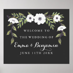 Chalkboard Painted Anemones Wedding Welcome Sign Poster