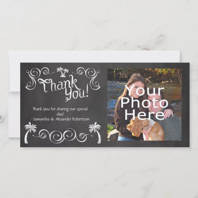 Chalkboard Palm Tree Beach Wedding Foto Vielen Dan Dankeskarte (Vorderseite)