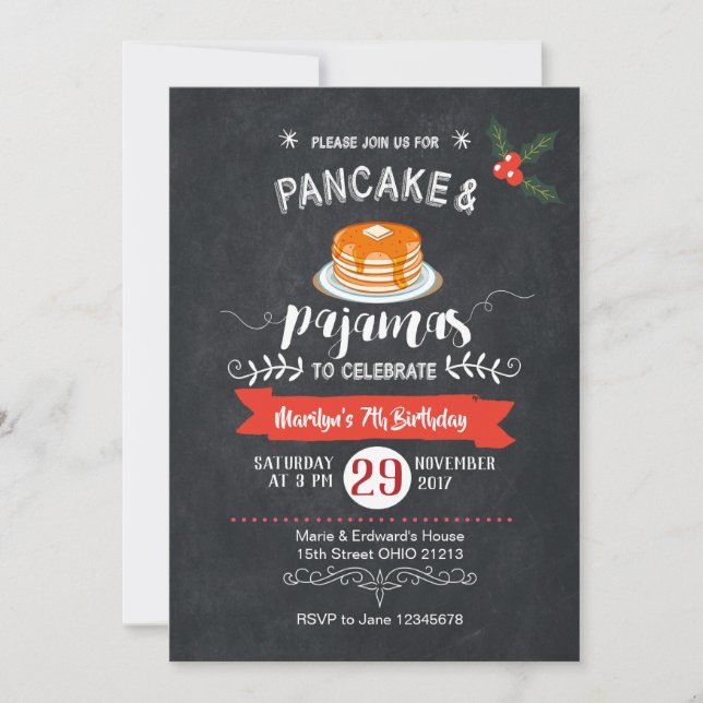 Chalkboard Pancake und Pajamas Einladung zum Gebur (Vorderseite)