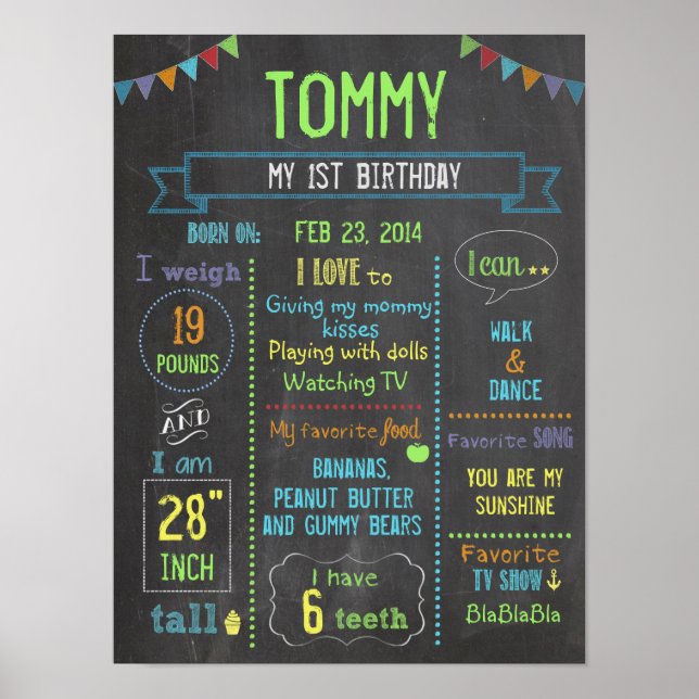 Chalkboard-Party personalisiertes Kindergeburtenpo Poster (Vorne)