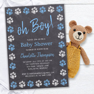 Chalkboard Paw Prints Blue Boy Baby Dusche Einladung