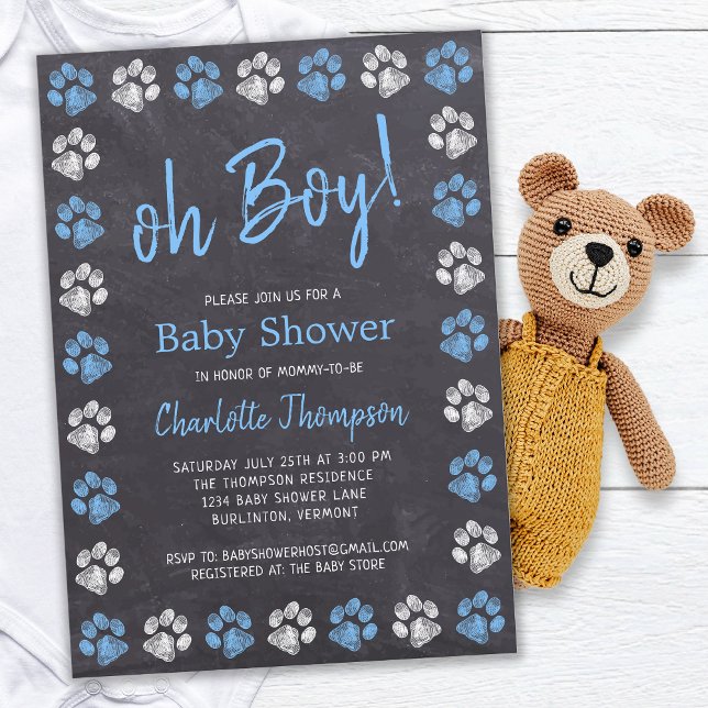 Chalkboard Paw Prints Blue Boy Baby Dusche Einladung (Von Creator hochgeladen)