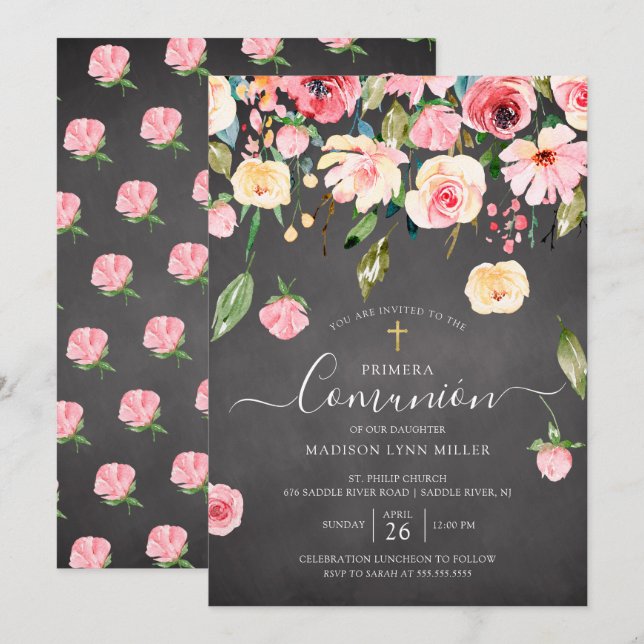 Chalkboard Peonies Floral Spanisch Erste Kommune Einladung (Vorne/Hinten)