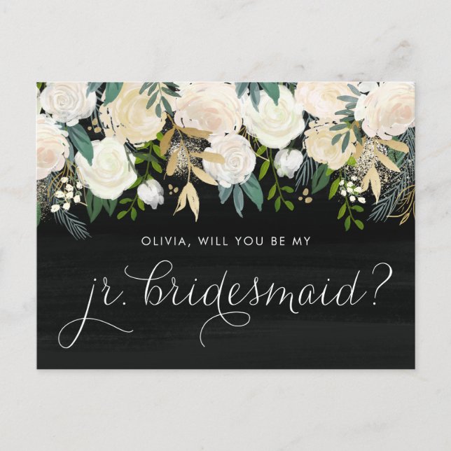 Chalkboard Peonies werden mein Jr. Bridesmaid sein Einladungspostkarte (Vorderseite)