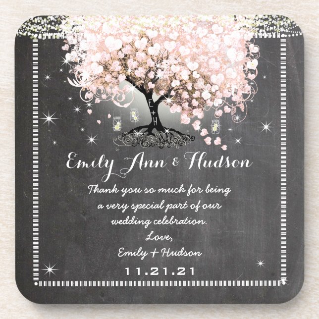 Chalkboard Pink Heart Leaf Tree Wedding Untersetze Untersetzer (Vorderseite)