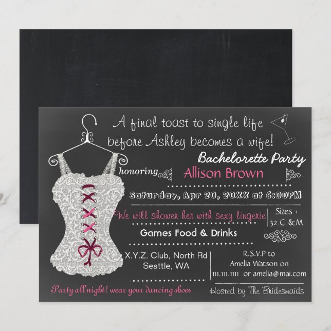 Chalkboard pink Lace Lingerie Dusche Bachelorette Einladung (Vorne/Hinten)