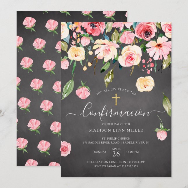 Chalkboard Pink Peonies Rose Spanische Bestätigung Einladung (Vorne/Hinten)