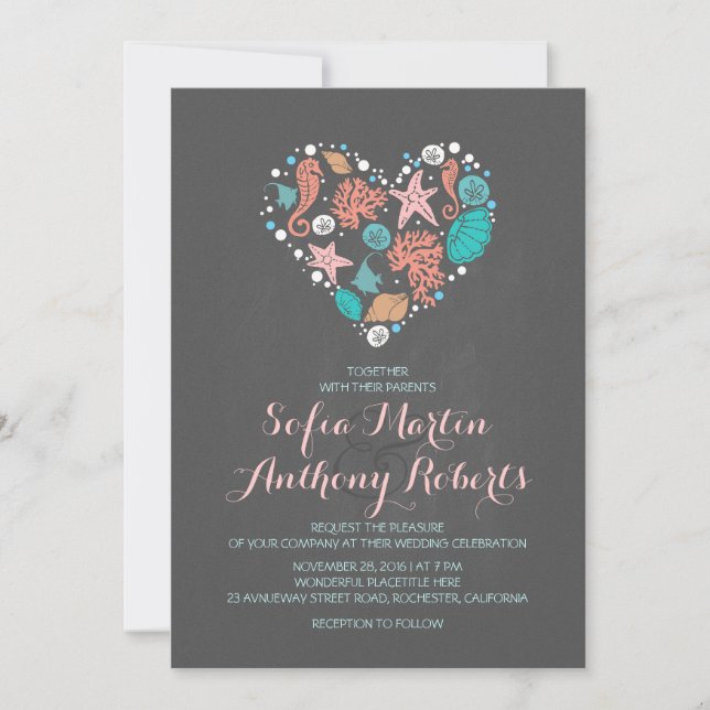 chalkboard plage mariage invitation coeur de mer (Devant)