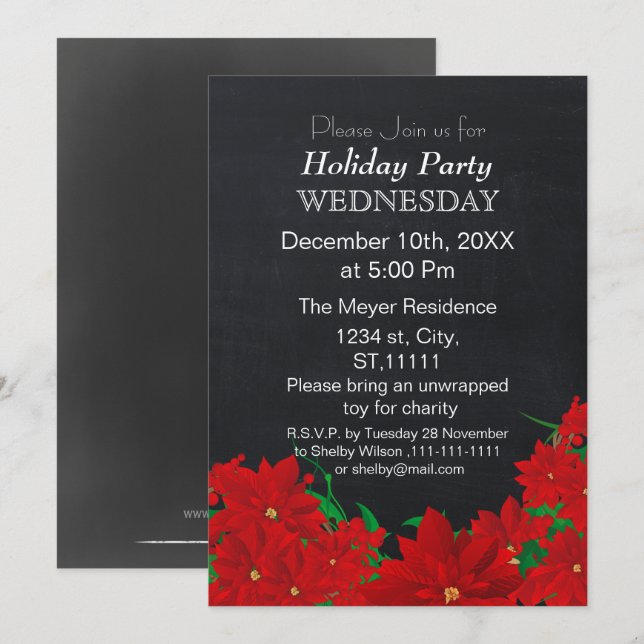 Chalkboard Poinsettias Fête de Vacances Invitation (Devant / Derrière)