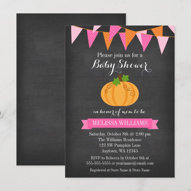 Chalkboard Pumpkin Bunting Girl Fall Baby Dusche Einladung (Vorne/Hinten)