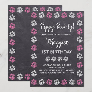 Chalkboard Puppy Pawty Hund Geburtstag Einladung